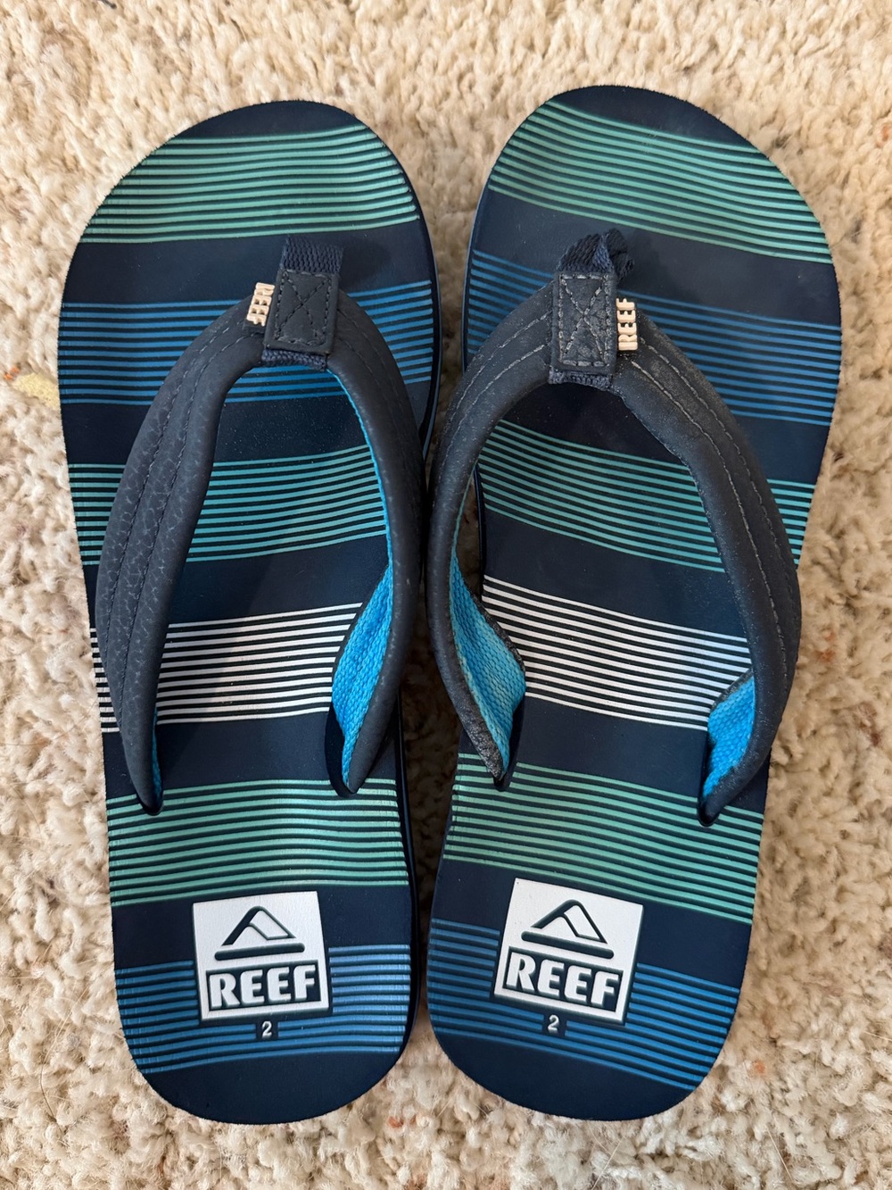 Kids Size 2, Reef Brand , Teal & White Striped Flip Flops